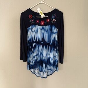 NWT Westbound Blue and White Embellished 3/4 Sleeve Blouse Women's PXL Tie Dye